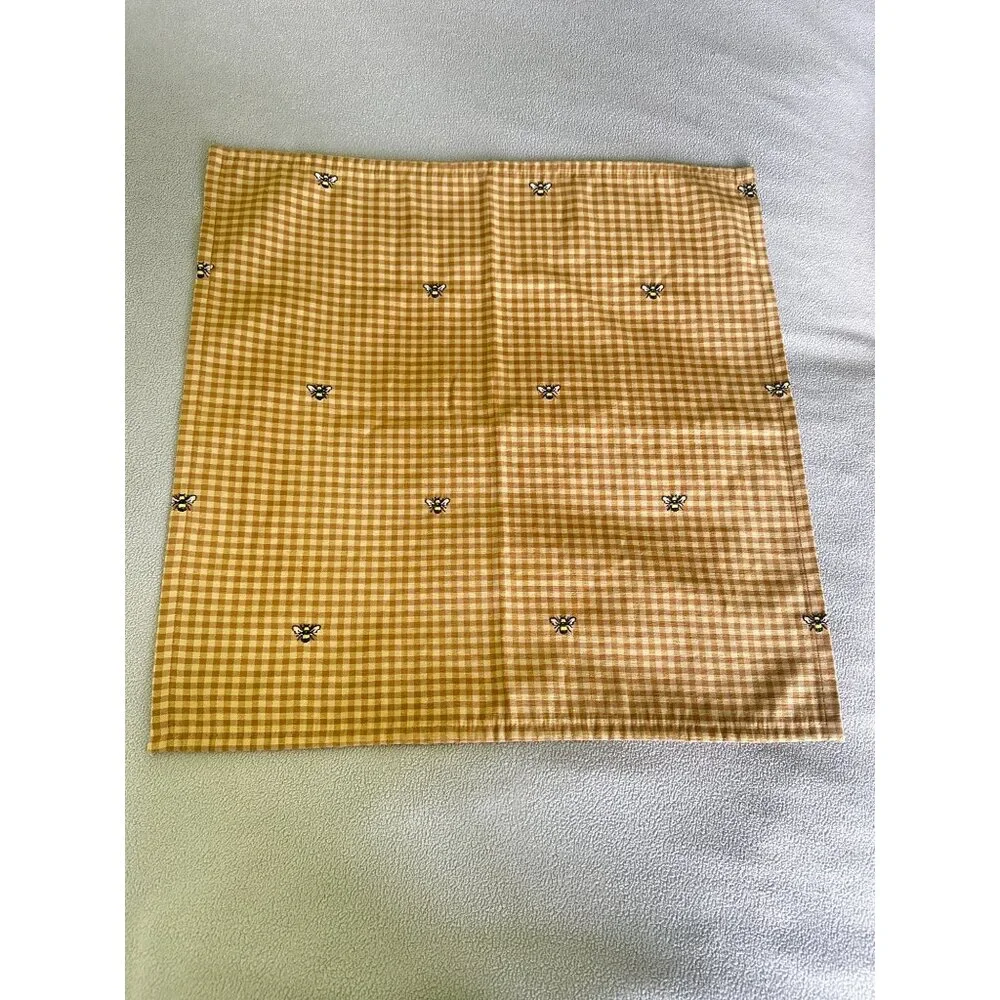 French Country Cloth Napkin Embroider Bee Micro Checked Bread Liner Square 3 Lot